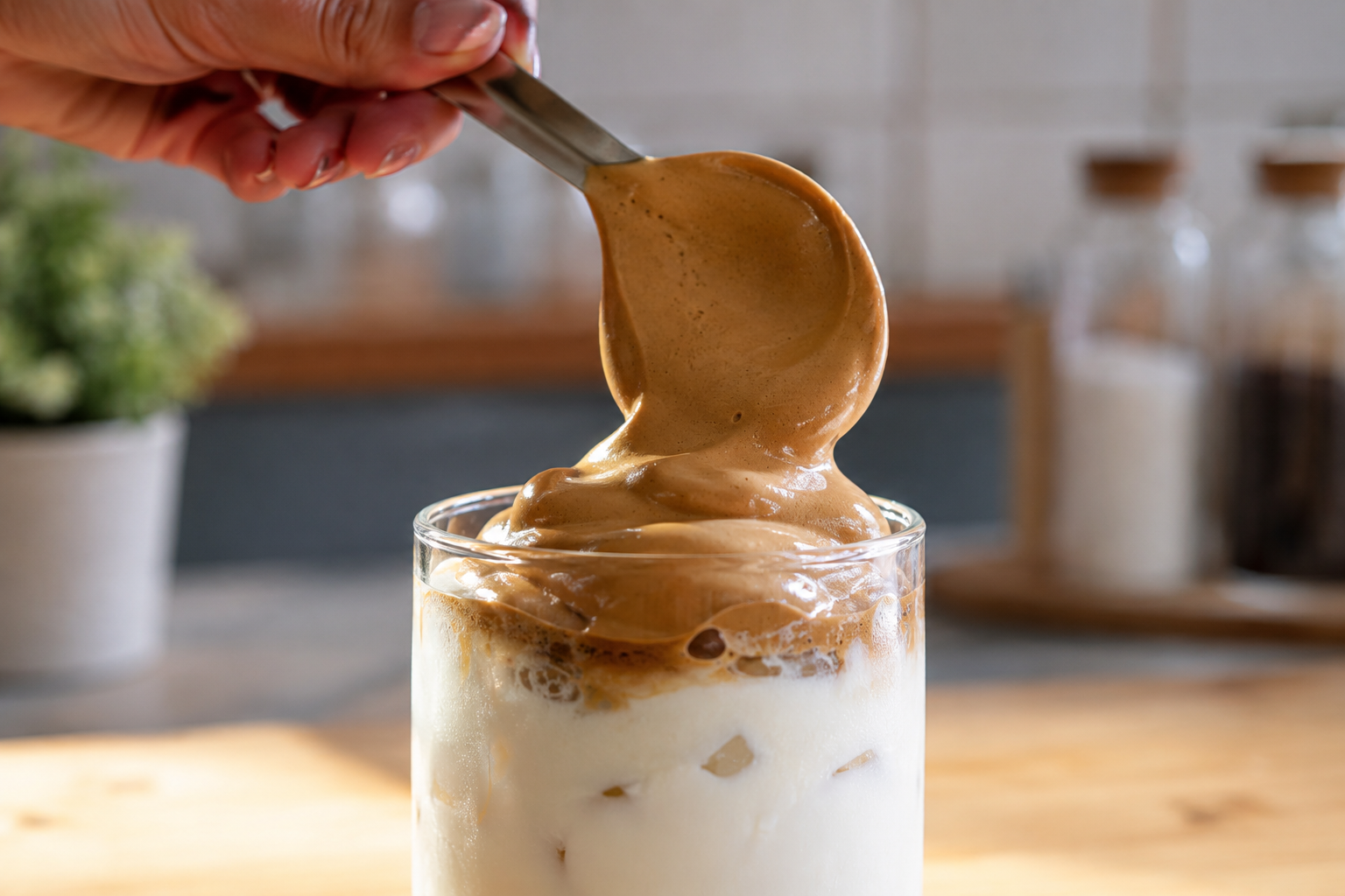Spooning a generous mound of whipped coffee foam over cold milk — the cloud sitting perfectly on top