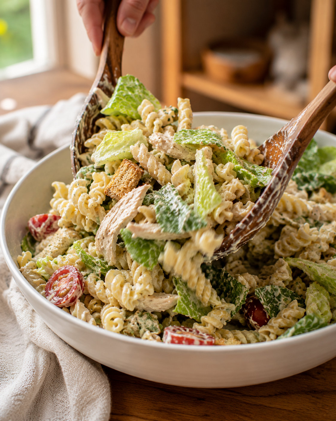 Combining pasta, shredded chicken and romaine in a large bowl with creamy Caesar dressing