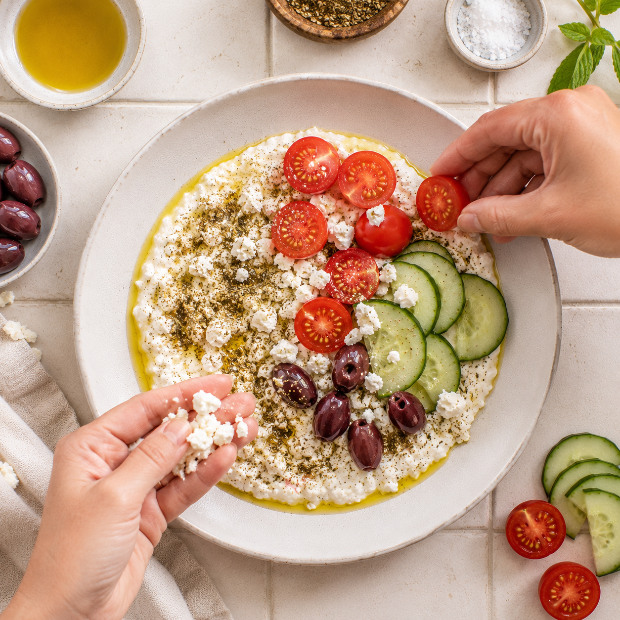 Cherry tomatoes, cucumber, Kalamata olives and crumbled feta arranged over the cottage cheese bowl