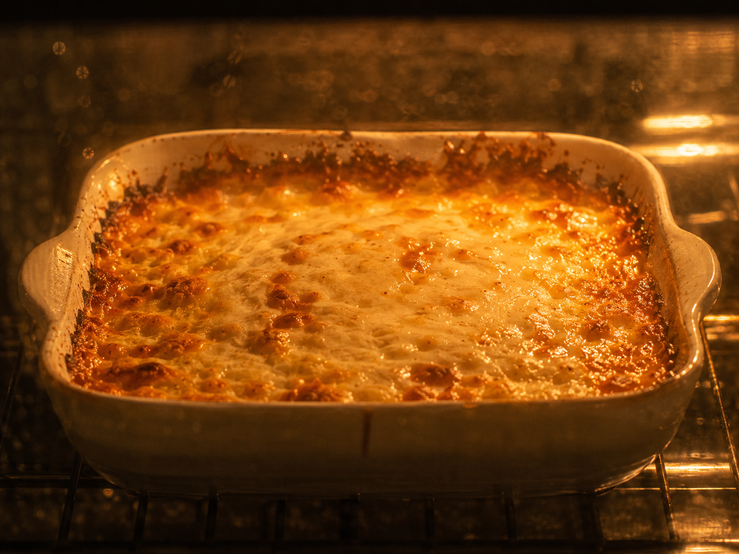 Cheesy garlic dip baking in the oven — golden on top and bubbling at the edges