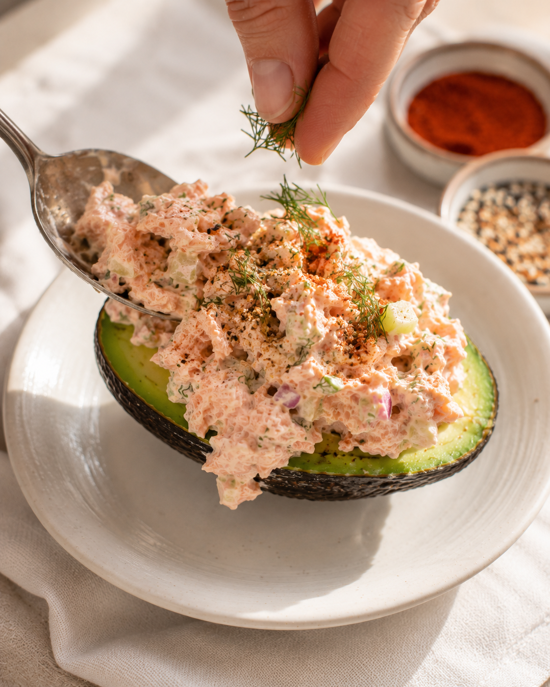 Spooning creamy salmon salad generously into avocado halves