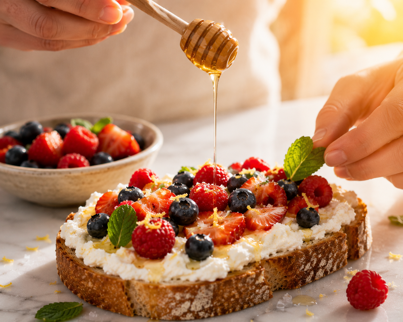 Finished whipped ricotta berry toast with honey drizzle, fresh mint leaves and a pinch of flaky sea salt