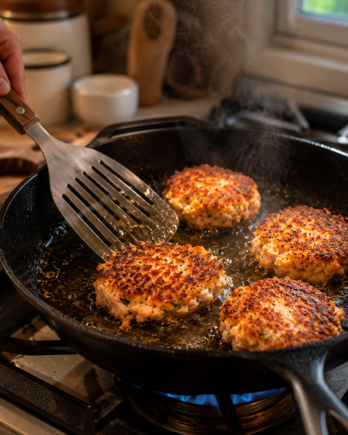 Salmon fritters sizzling in a cast iron skillet — golden crust forming on the first side