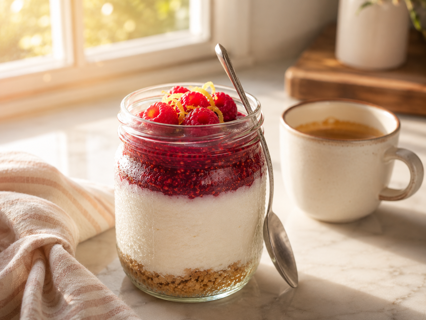 Finished lemon raspberry cheesecake jar served cold — beautiful pink and cream layers with fresh raspberry topping