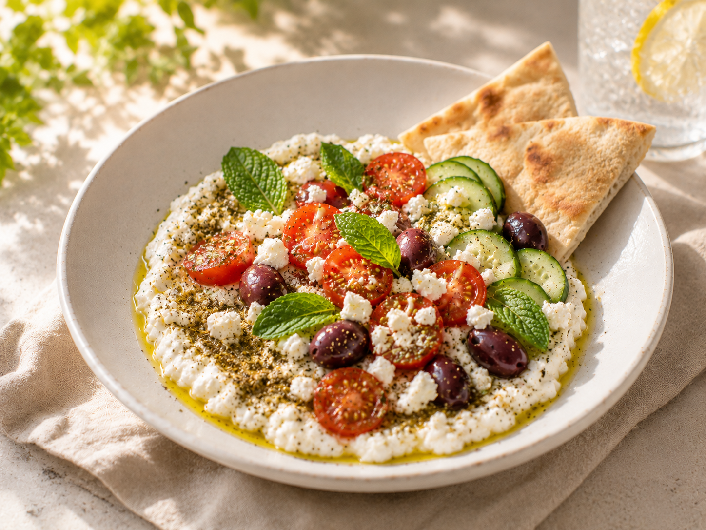 Finished Mediterranean cottage cheese plate — creamy cottage cheese topped with cherry tomatoes, olives, feta, cucumber and za'atar