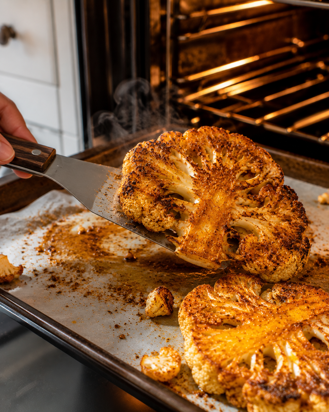 Cauliflower steaks flipped halfway through roasting — deep golden and caramelized