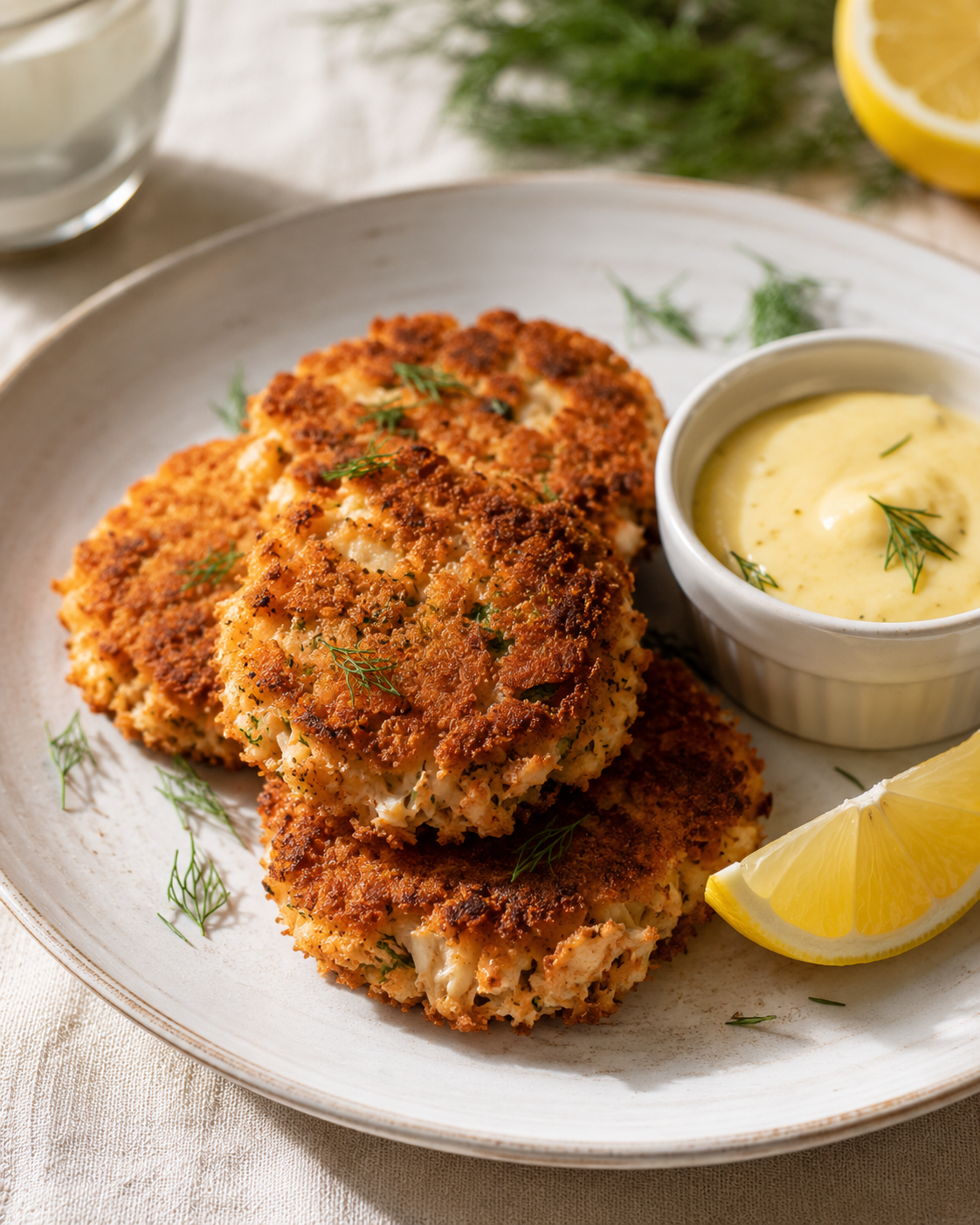 Crispy golden salmon fritters plated with lemon aioli, fresh greens and lemon wedges