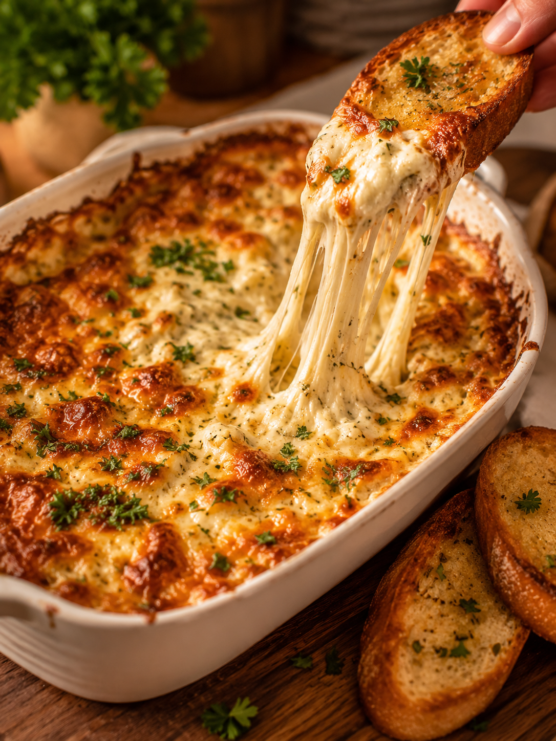 Cheesy garlic bread dip served hot with toasted garlic bread — gorgeous cheese pull