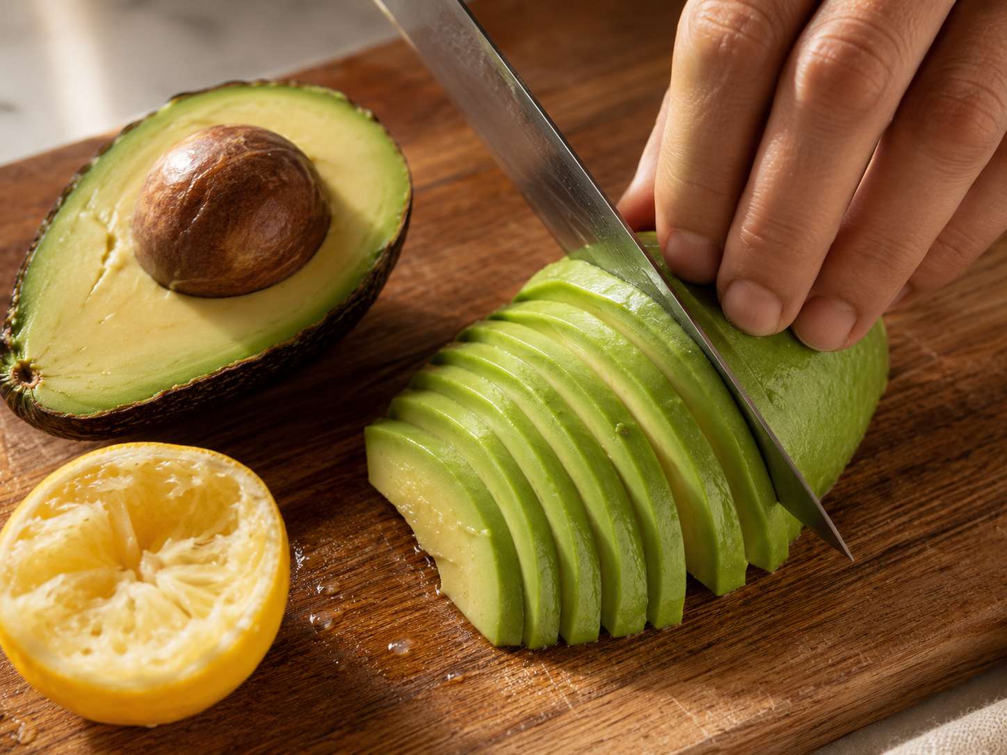 Ripe avocado halved and sliced with a squeeze of lemon juice over the top to keep it fresh