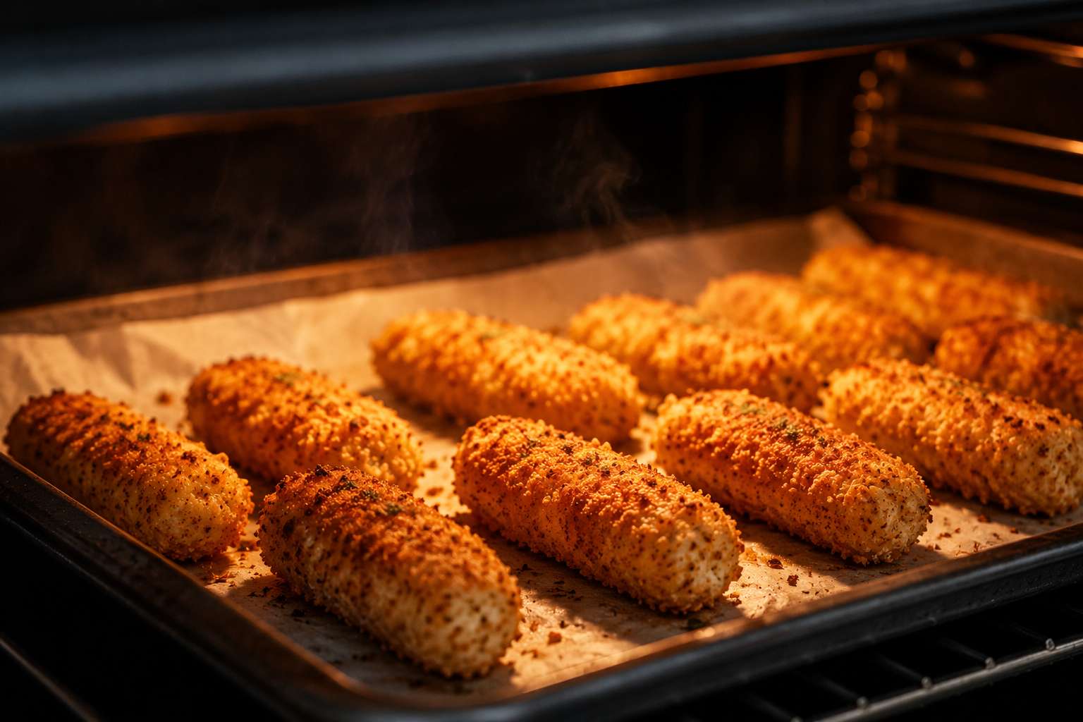 Cauliflower mozzarella sticks on a baking sheet in the oven — edges turning golden and crispy