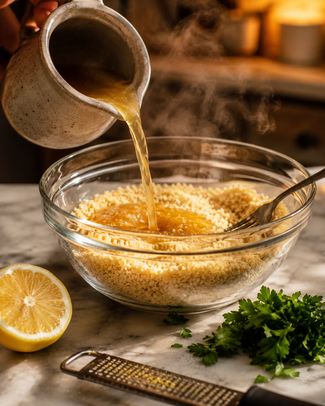 Hot broth poured over dry couscous — covered to steam, then fluffed with lemon zest and fresh parsley