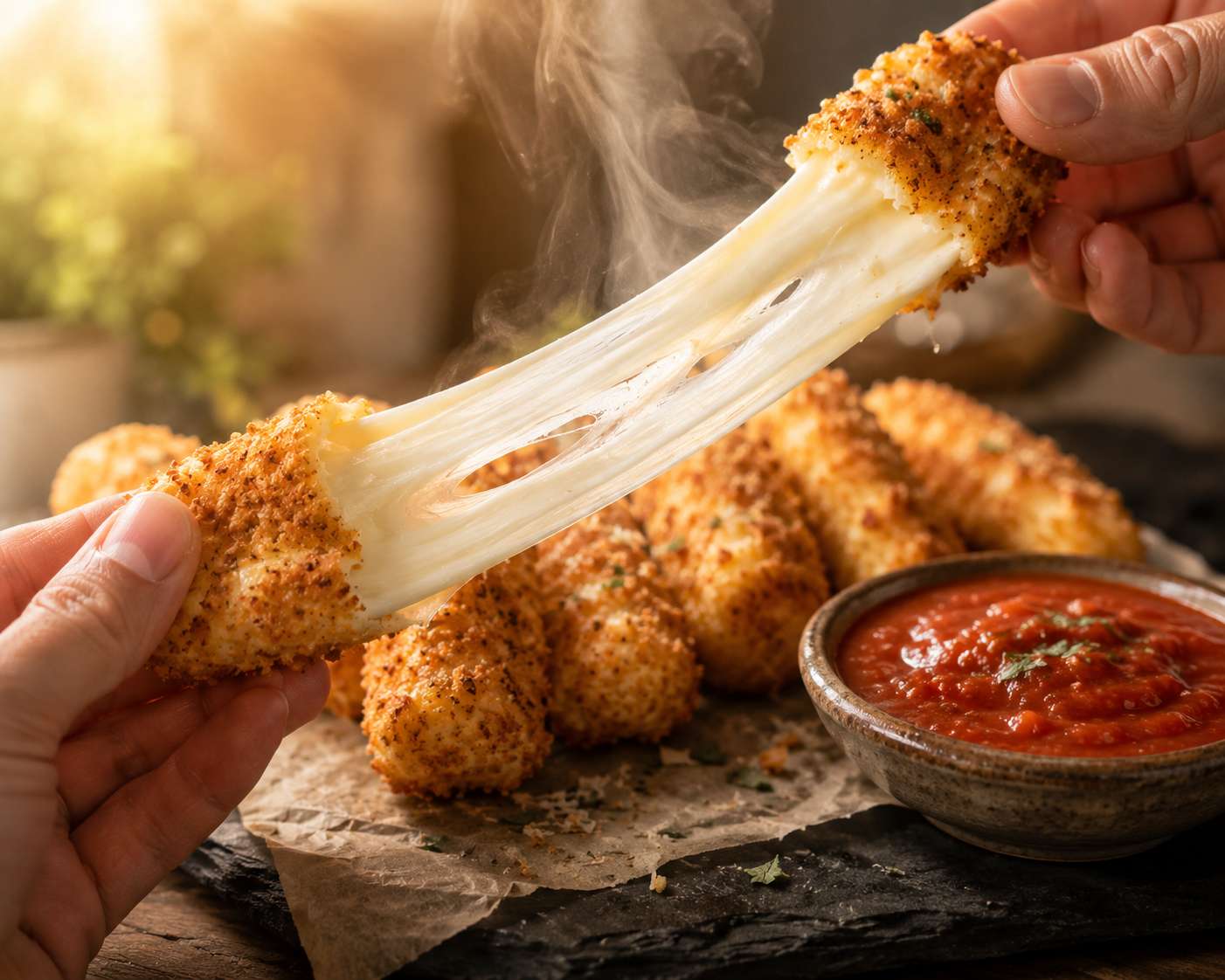 Cauliflower mozzarella stick being pulled apart showing the long stretchy cheese pull