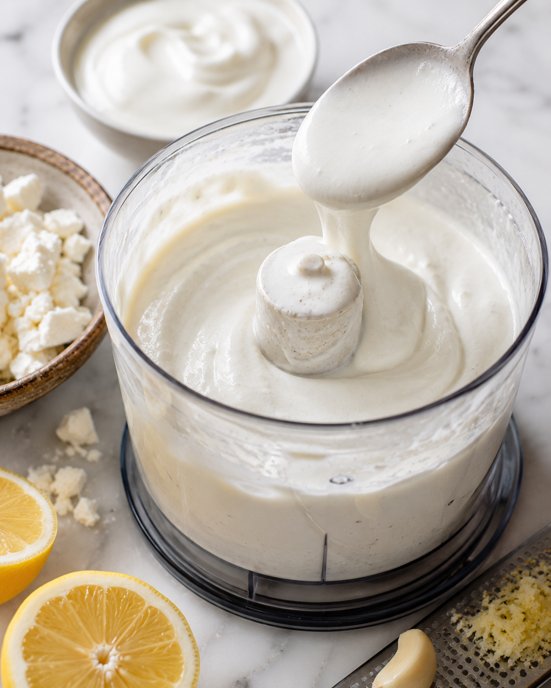 Whipped feta drizzle blended smooth and creamy in a small food processor