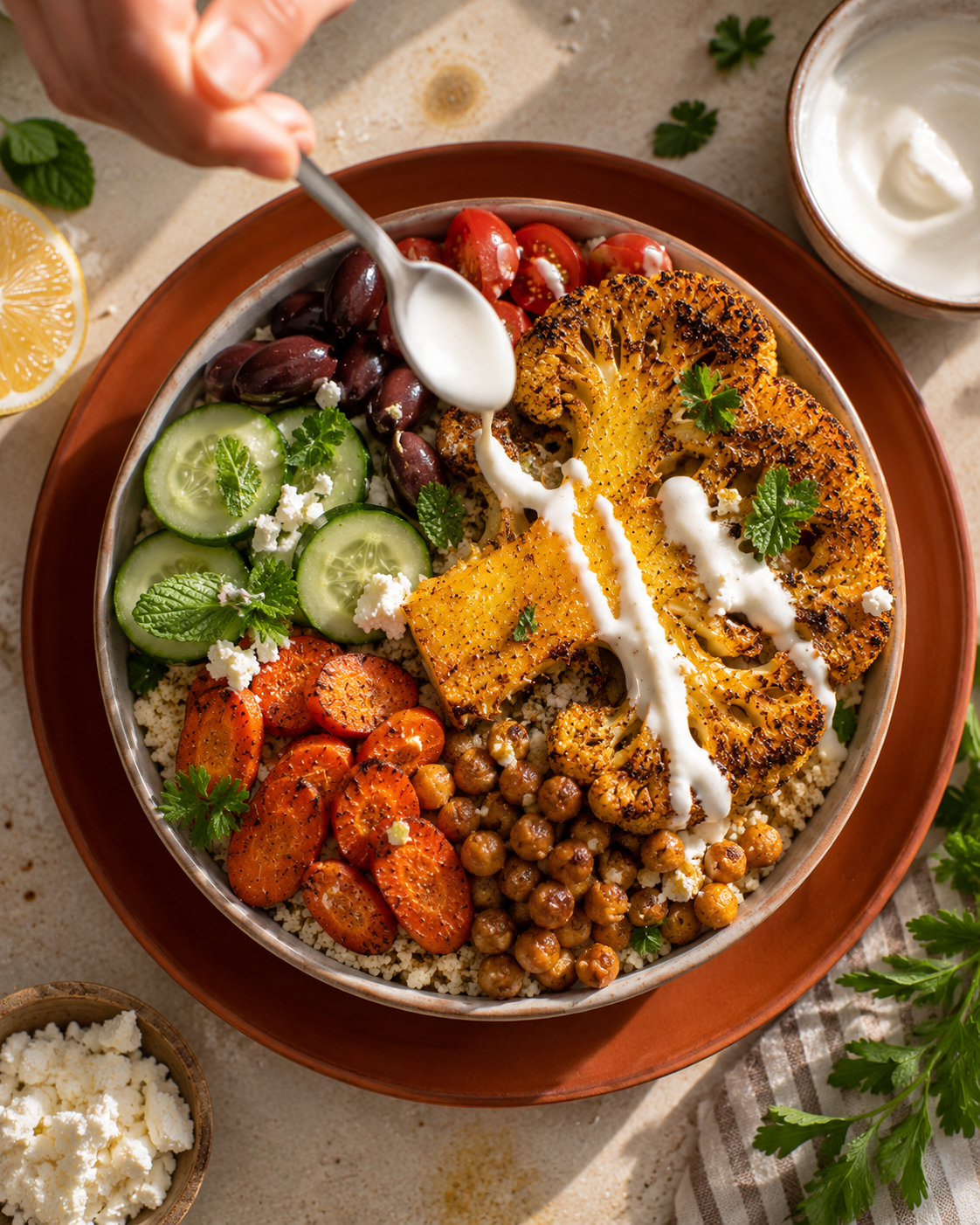 Assembling the Mediterranean bowl — couscous base with cauliflower steak, roasted vegetables and whipped feta drizzle