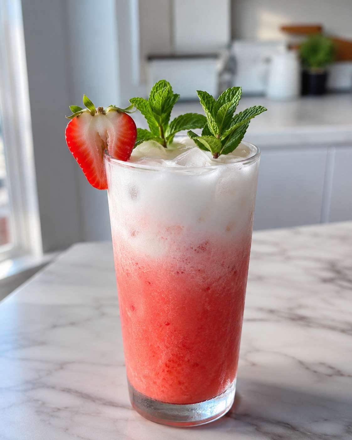 Strawberry coconut milk refresher in a tall glass — pink and white layers, fresh mint garnish