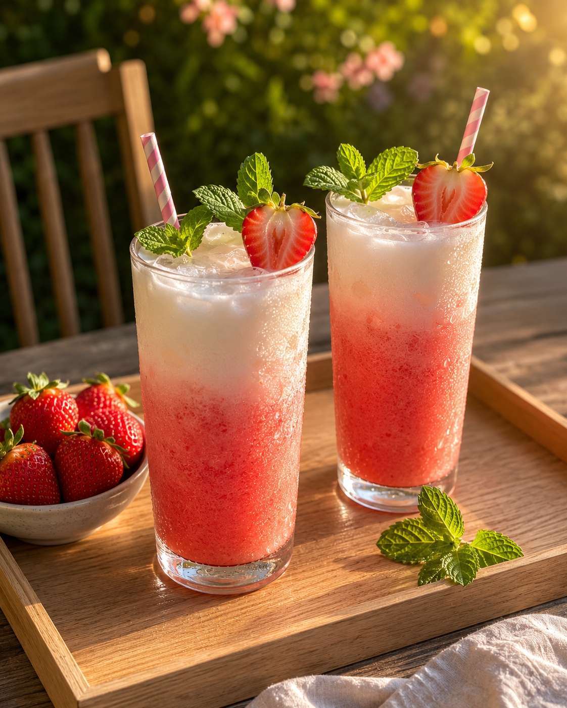 Two tall glasses of strawberry coconut milk refresher side by side — gorgeous pink layers with mint