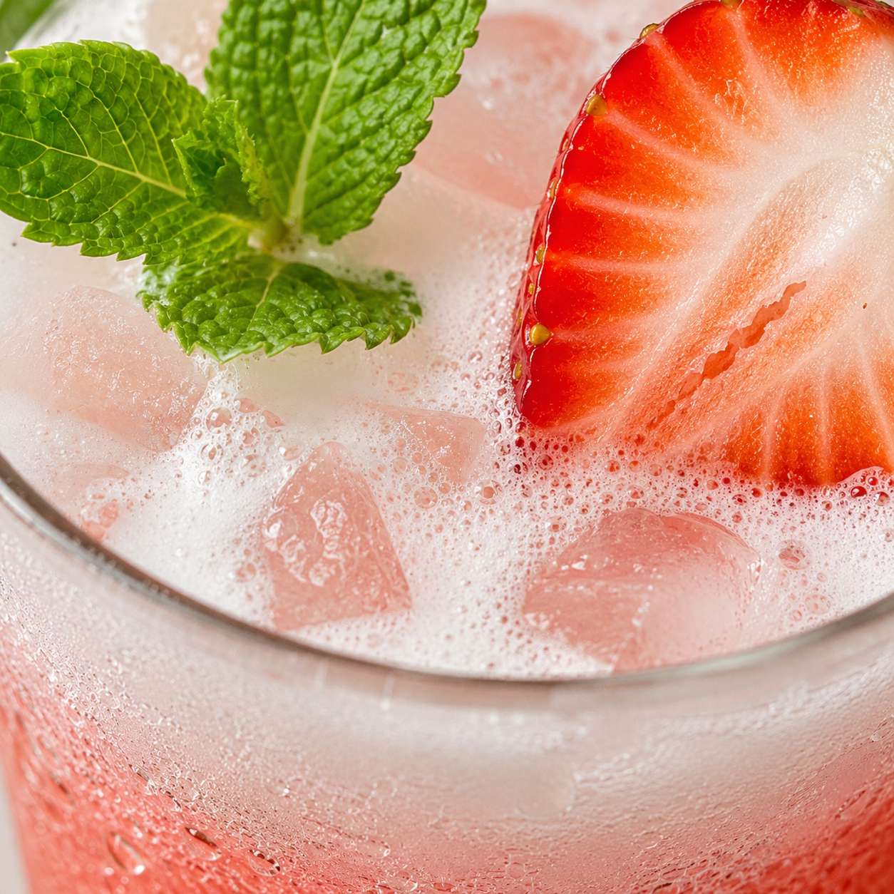 Close-up macro of the strawberry coconut refresher — bubbles from the sparkling water, creamy coconut layer, vibrant pink
