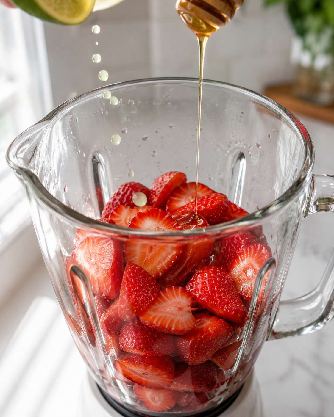 Fresh strawberries, lime juice and honey blending into a smooth vibrant pink puree