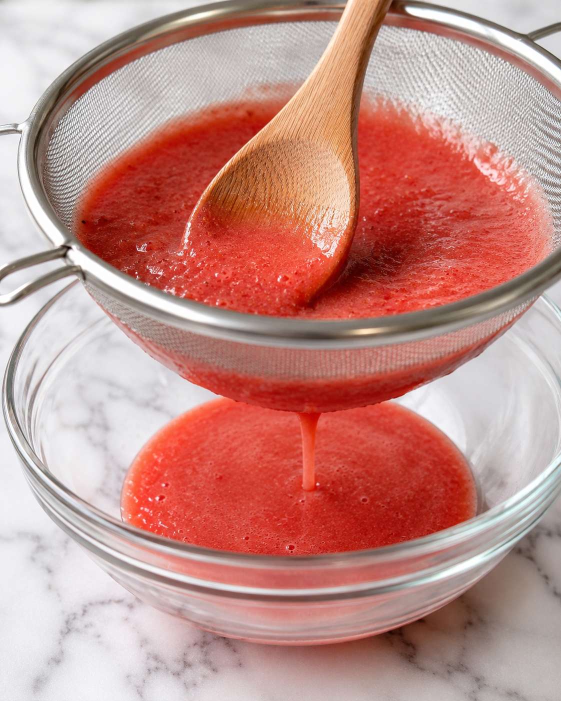 Straining the strawberry puree through a fine mesh sieve into a glass pitcher