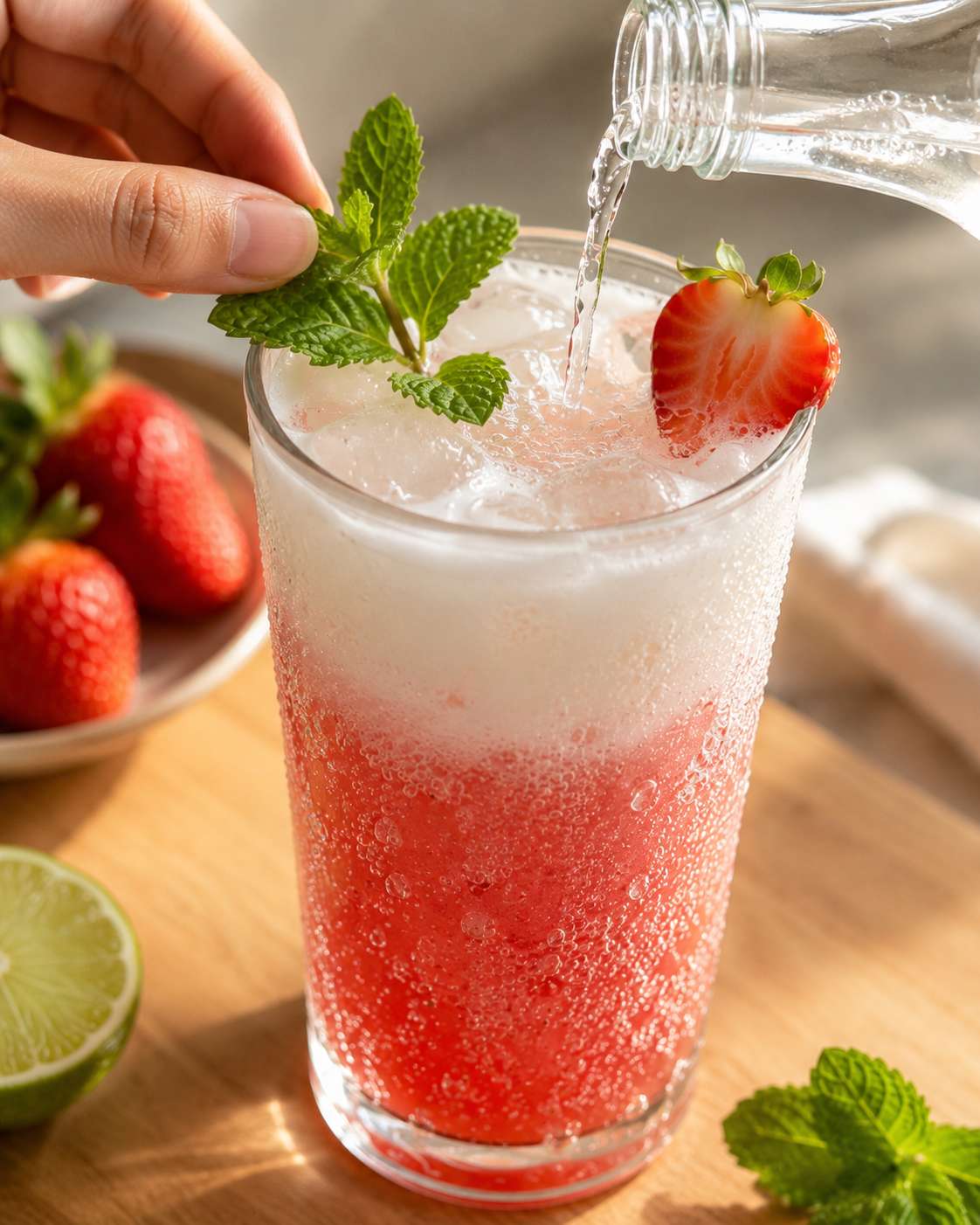 Finished strawberry coconut refresher topped with sparkling water and garnished with fresh mint and a strawberry