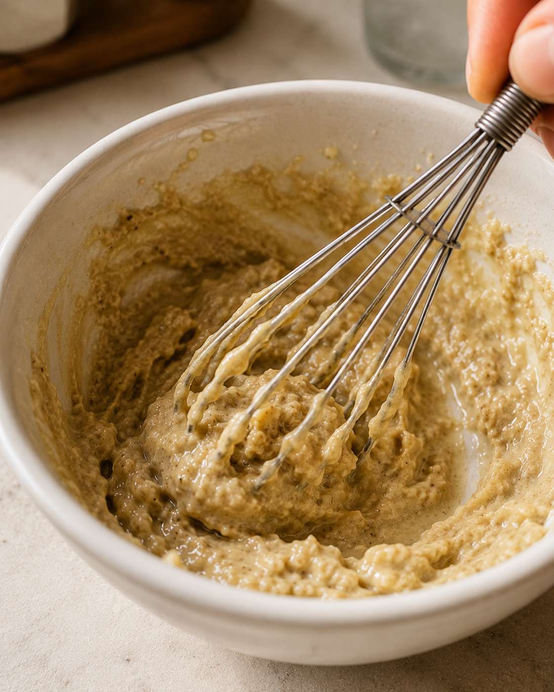 Tahini mixture looking thick and clumped after first whisk — this is completely normal, keep going