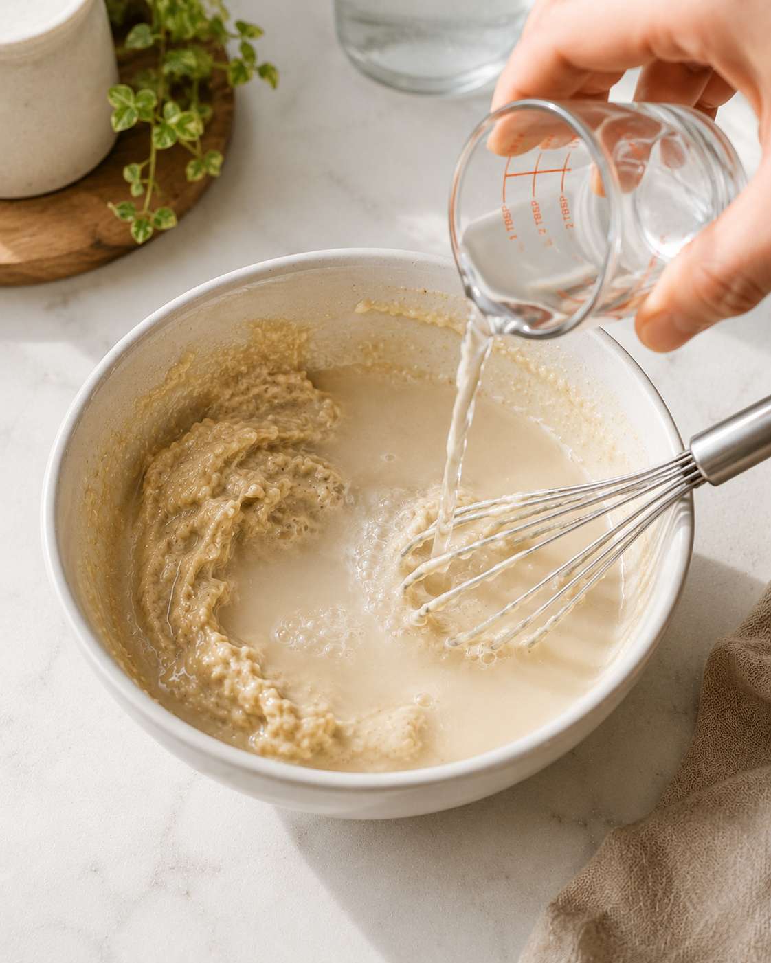 Adding cold water one tablespoon at a time to the tahini mixture — whisking between each addition until smooth