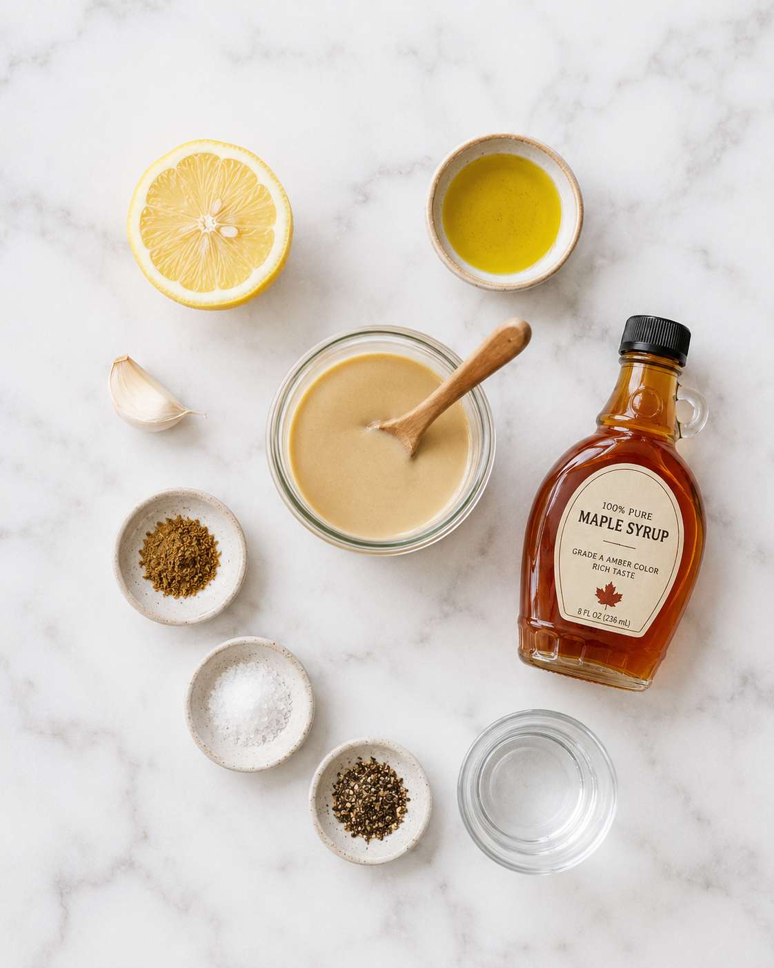All tahini dressing ingredients laid out: tahini, lemon, garlic, olive oil, maple syrup, cumin and cold water