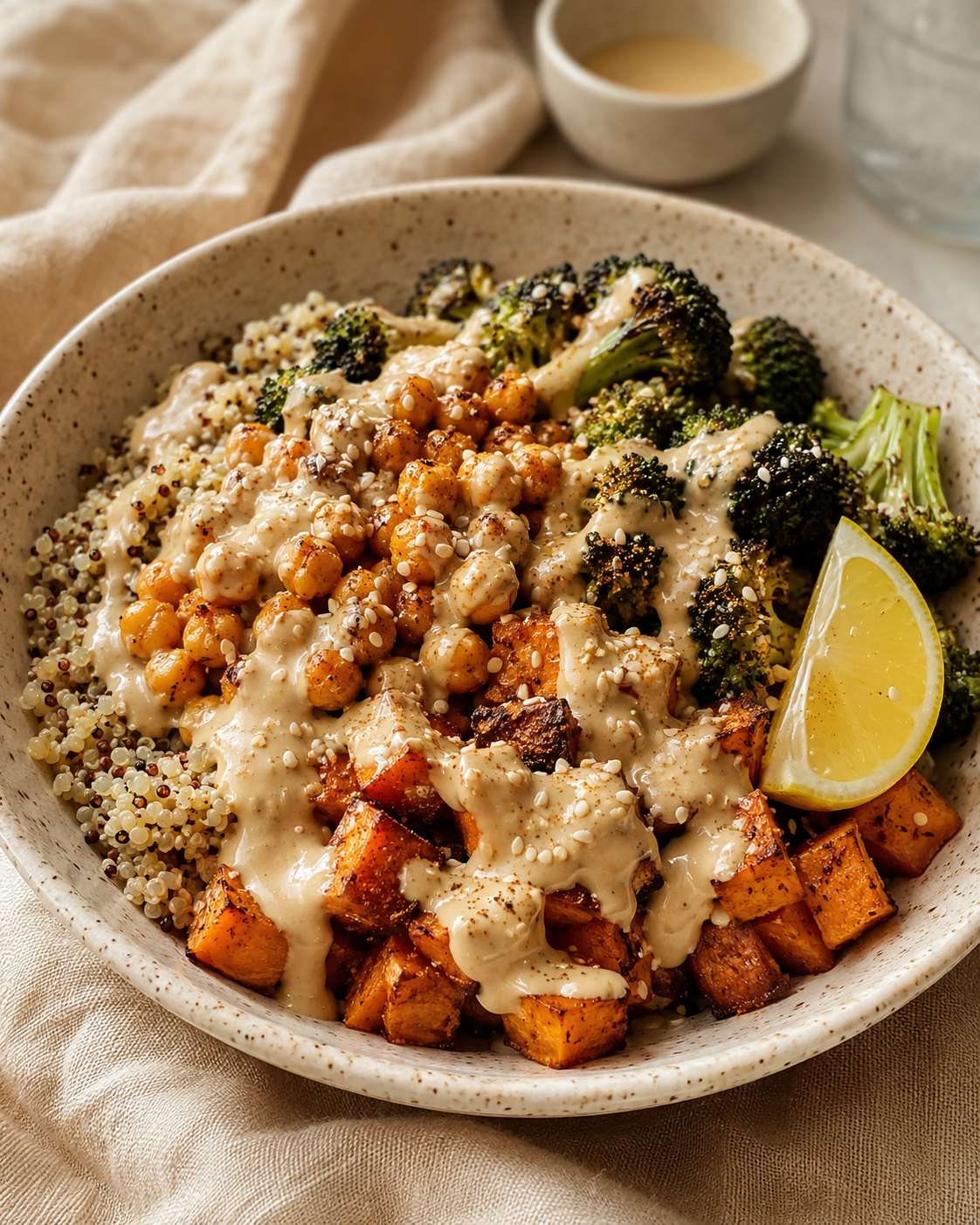 Creamy tahini dressing drizzled over a roasted veggie bowl — golden, nutty and beautifully presented