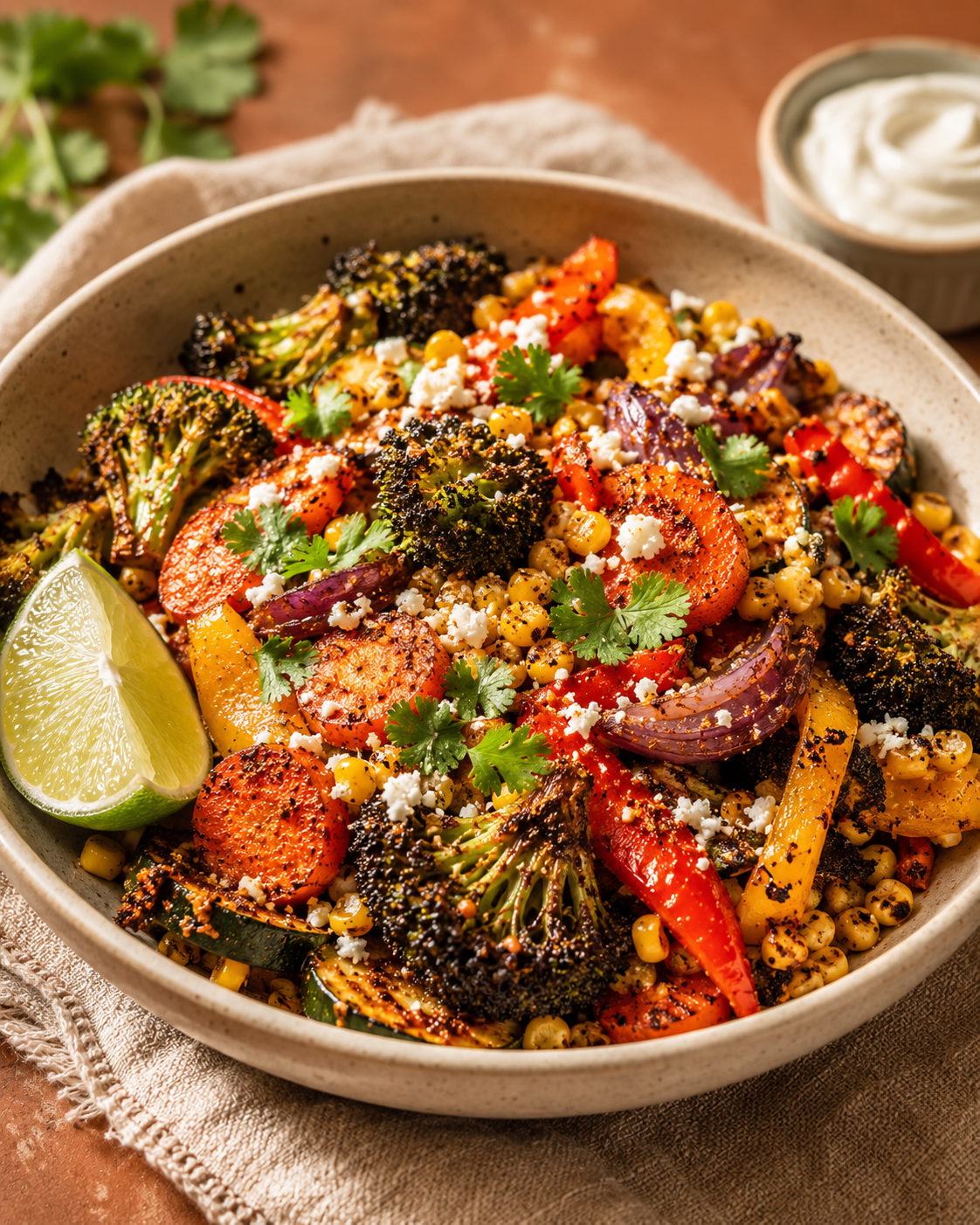 Finished Tex-Mex roasted vegetables served in a bowl with cilantro, cotija and lime