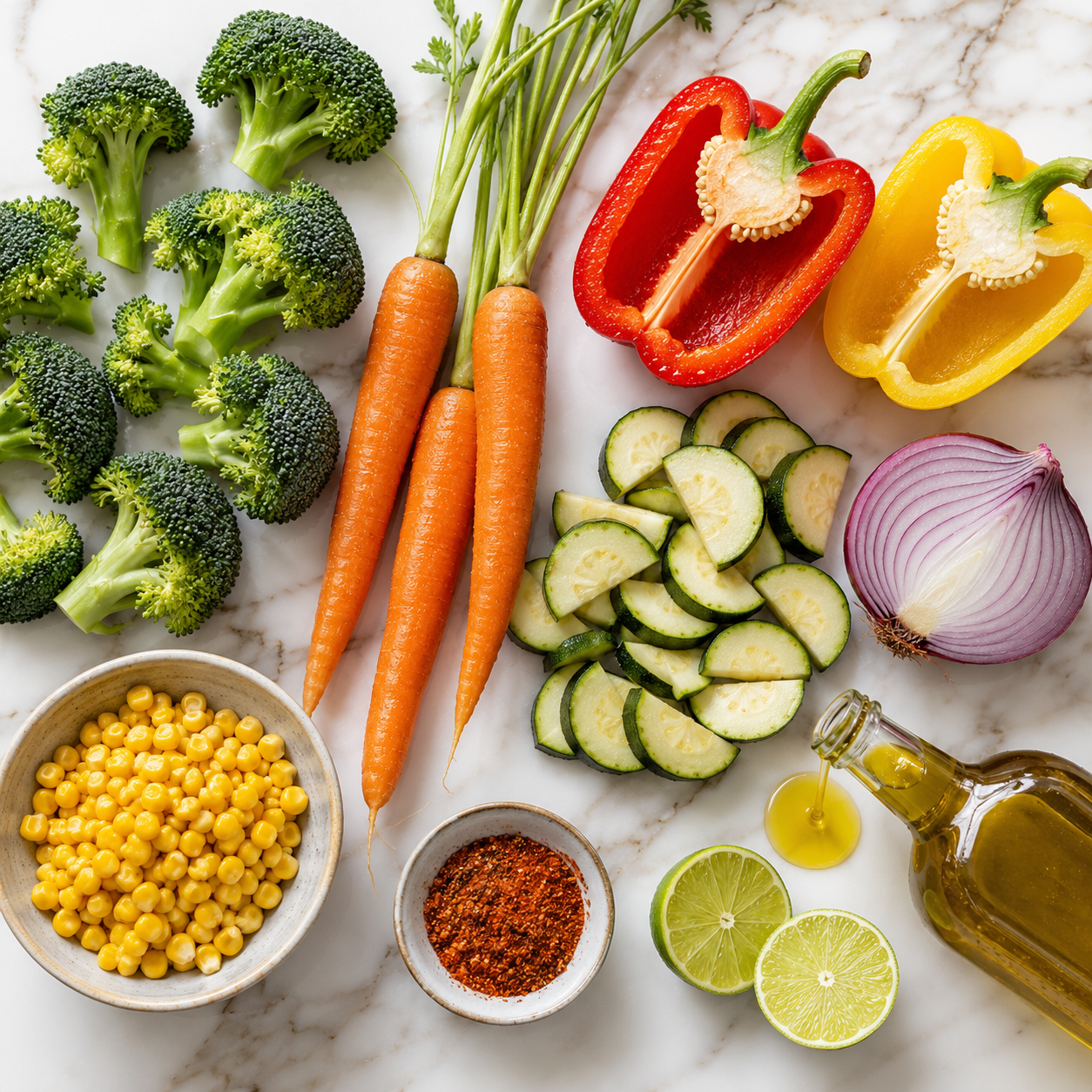 All Tex-Mex roasted vegetable ingredients laid out: broccoli, carrots, bell peppers, zucchini, corn and Tex-Mex spices