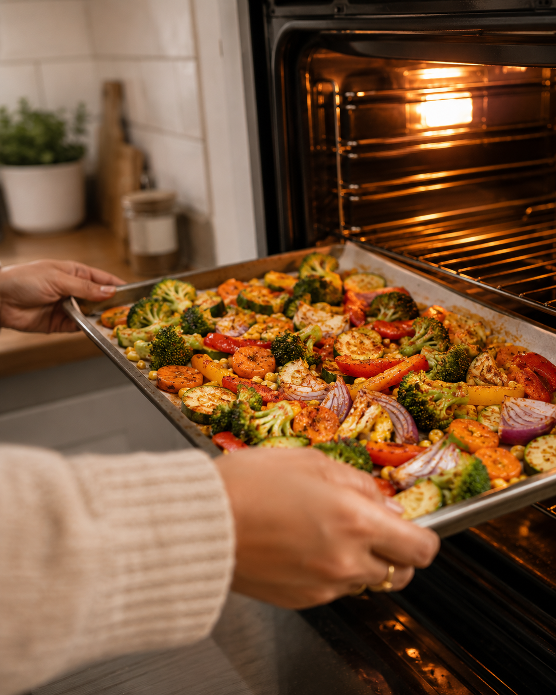 Tex-Mex seasoned vegetables spread on a sheet pan ready to go into the oven