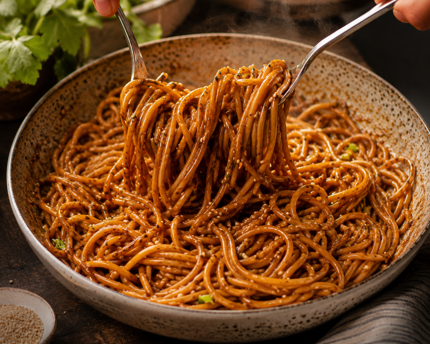 Noodles being tossed in the sticky sesame ginger sauce — every strand coated and glossy