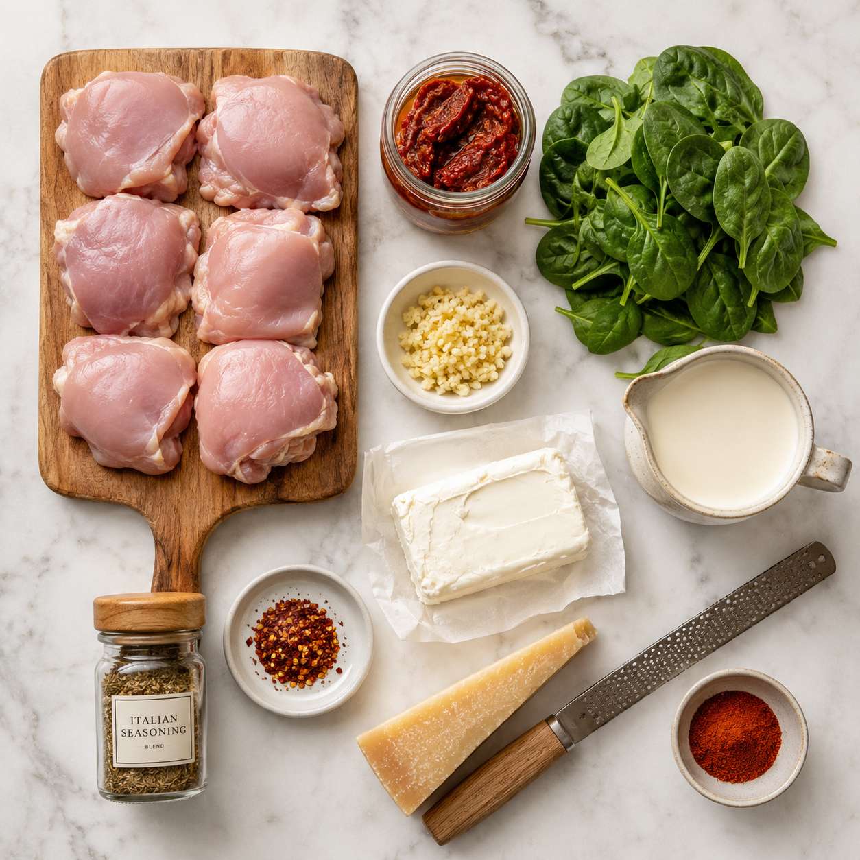 All Tuscan chicken crockpot ingredients laid out — chicken thighs, sun-dried tomatoes, cream, spinach, garlic and parmesan