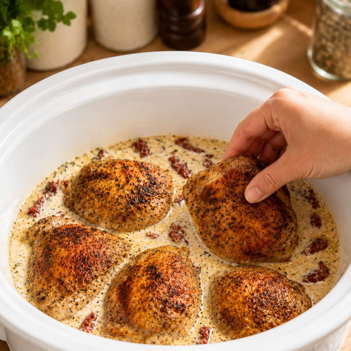 Tuscan chicken slow cooking in the crockpot — sauce turning rich and golden as it cooks