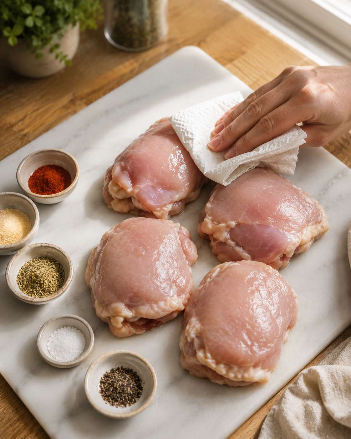Raw chicken thighs seasoned with salt, pepper, garlic powder and smoked paprika — ready to sear or slow cook
