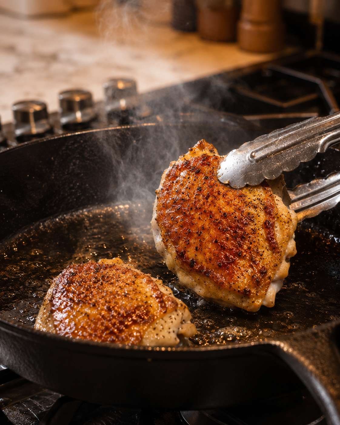 Chicken thighs searing golden brown in a cast iron skillet — optional but highly recommended for flavor
