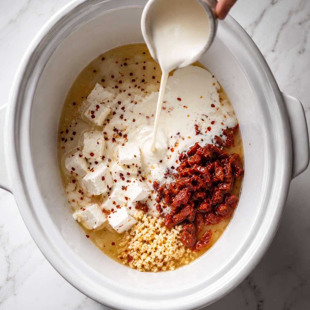 Cream sauce base with garlic, sun-dried tomatoes and cream cheese being assembled in the crockpot
