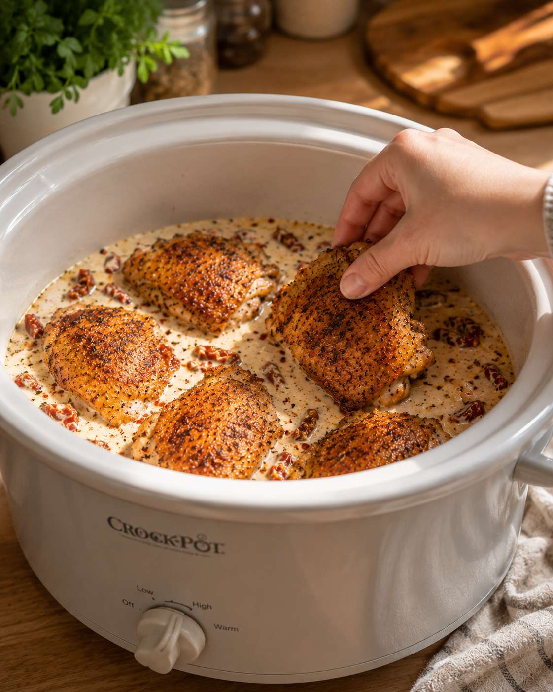 Seasoned chicken thighs nestled into the Tuscan cream sauce in the crockpot — ready to slow cook