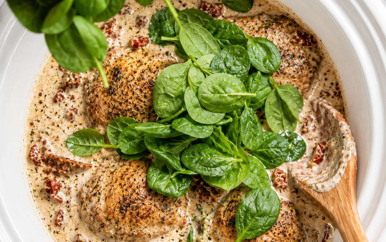 Creamy Tuscan Chicken Thighs Crockpot Recipe (Easy)