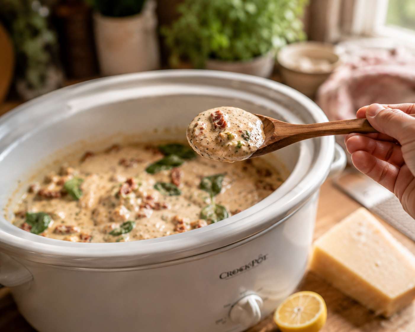 Tasting and adjusting the creamy Tuscan sauce — checking seasoning before serving