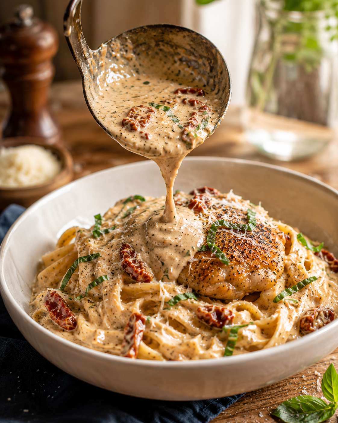Creamy Tuscan chicken thighs served over pasta — rich cream sauce with sun-dried tomatoes and wilted spinach