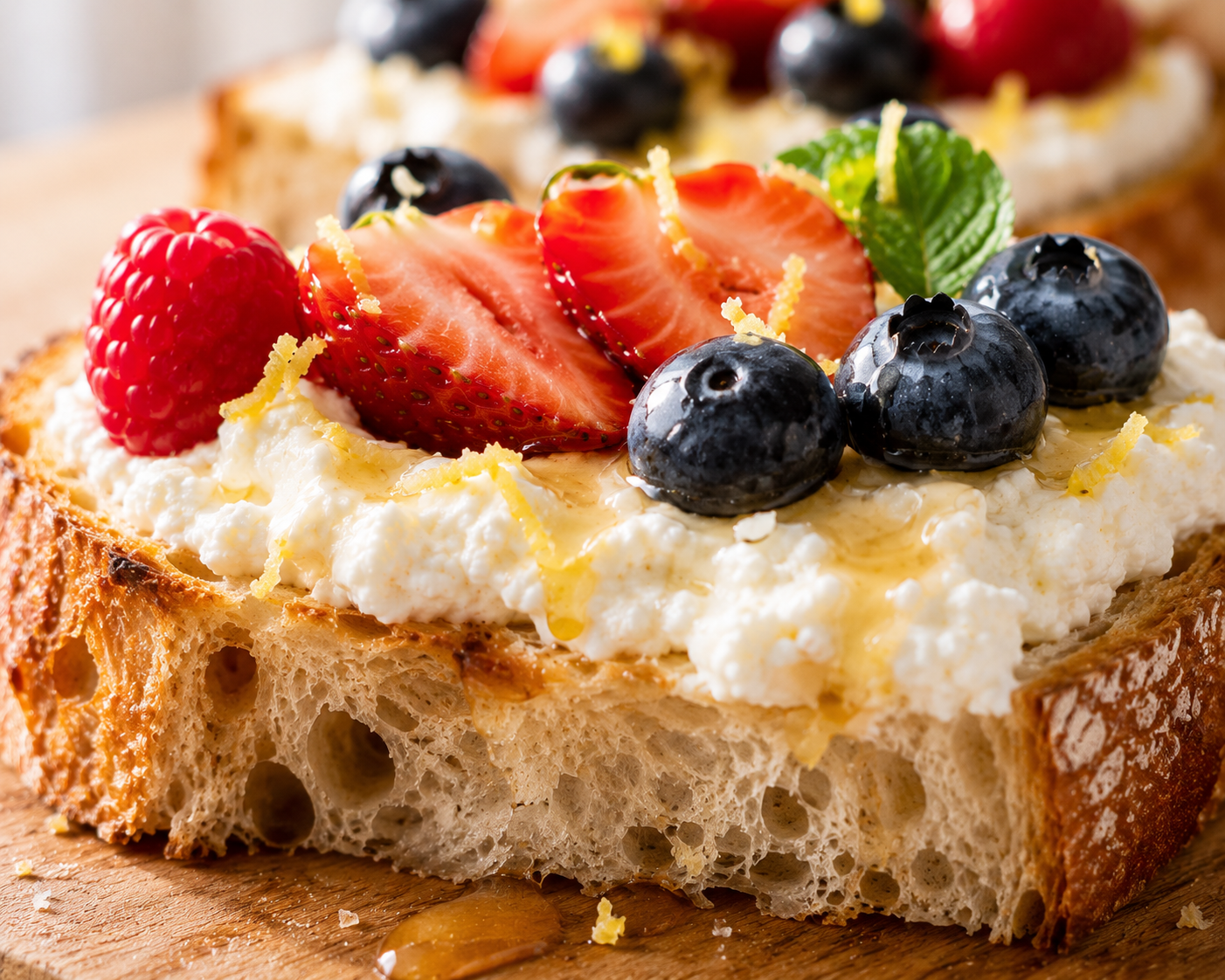 Whipped ricotta and berry toast overhead — golden sourdough, white creamy ricotta, mixed berries and honey drizzle