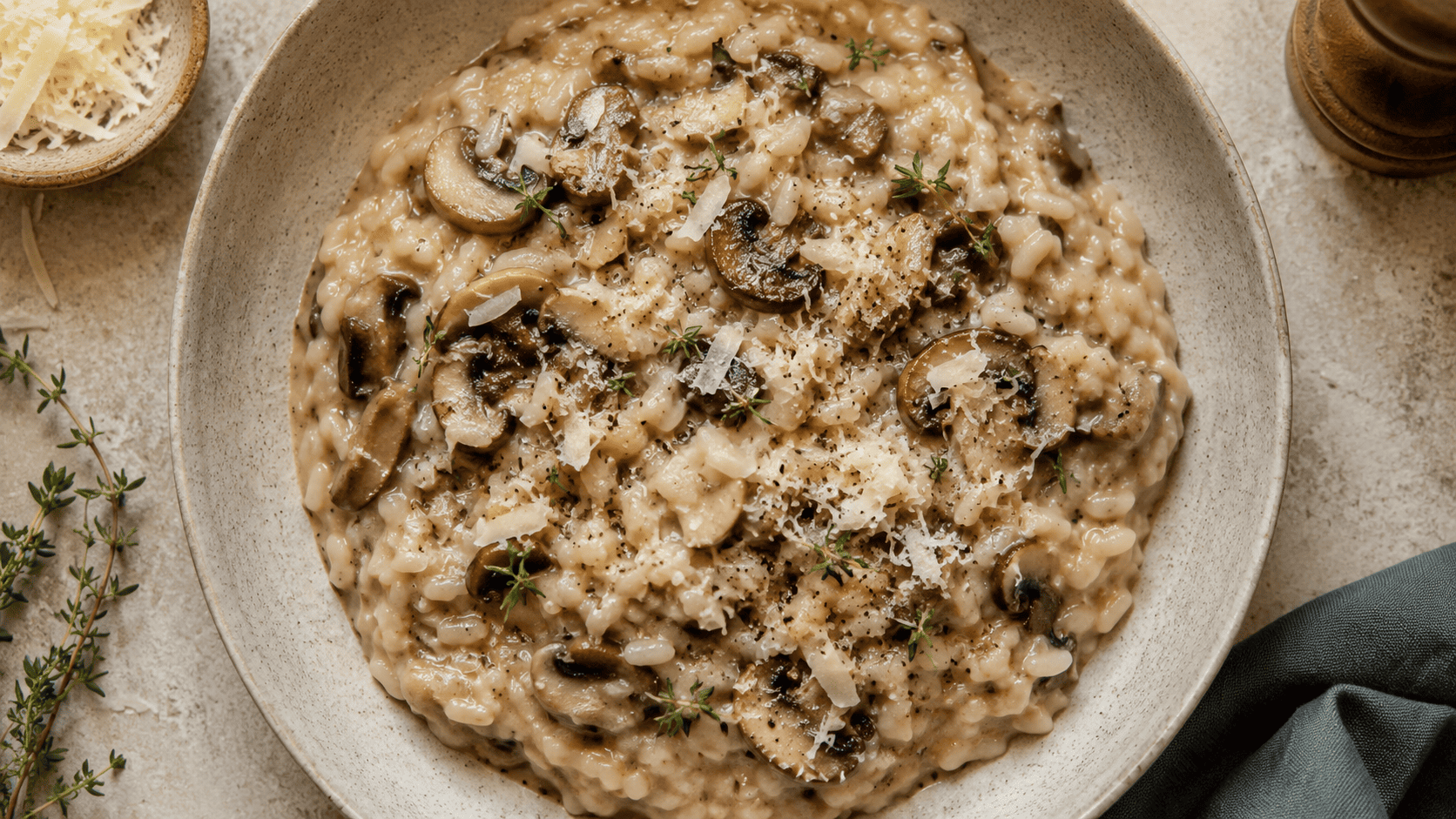 A finished bowl of risotto, overhead shot, warm kitchen counter