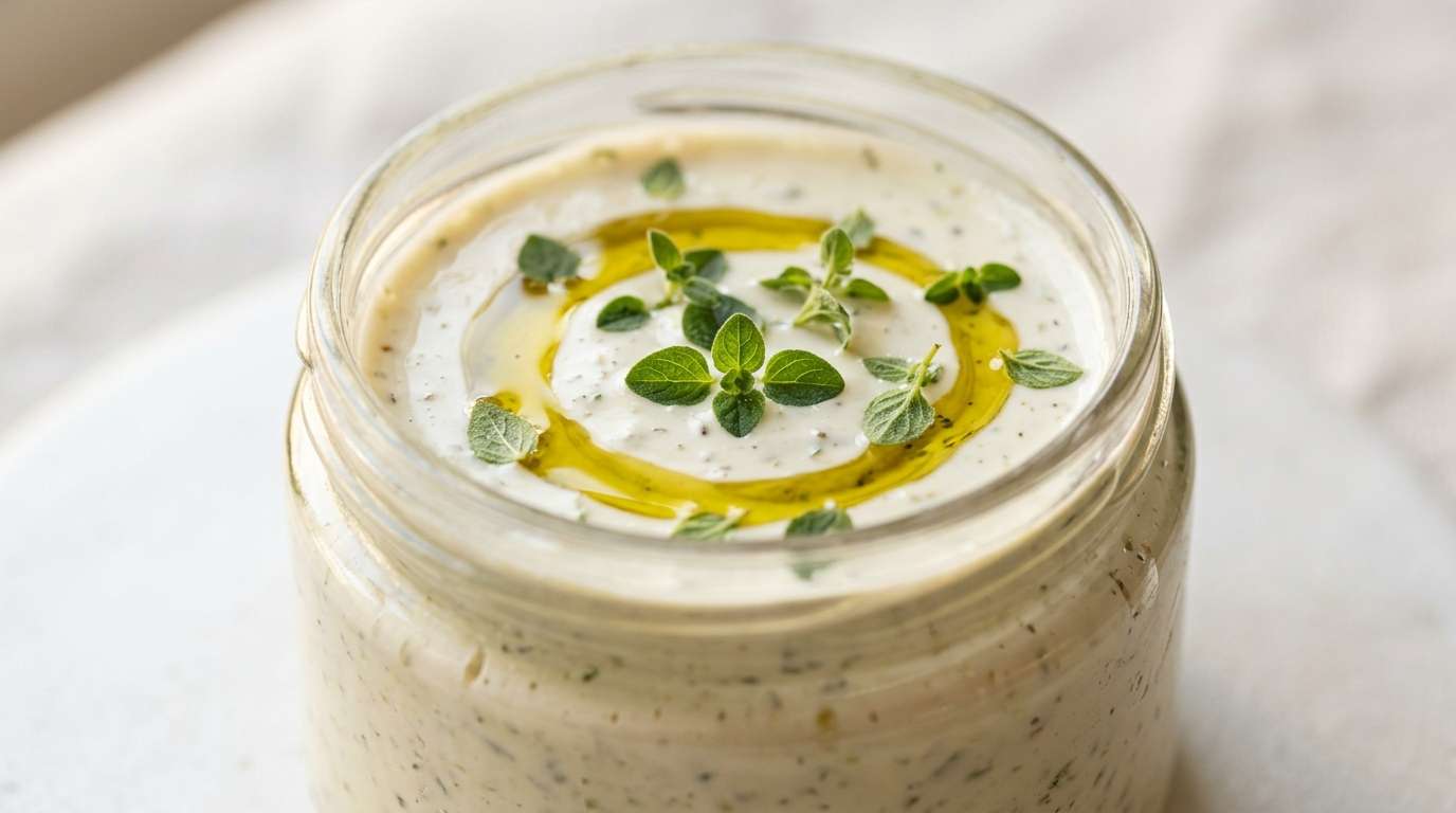 A glass jar of creamy white Mediterranean dressing with a spoon, olive oil floating on top, lemon and oregano beside it in warm afternoon kitchen light