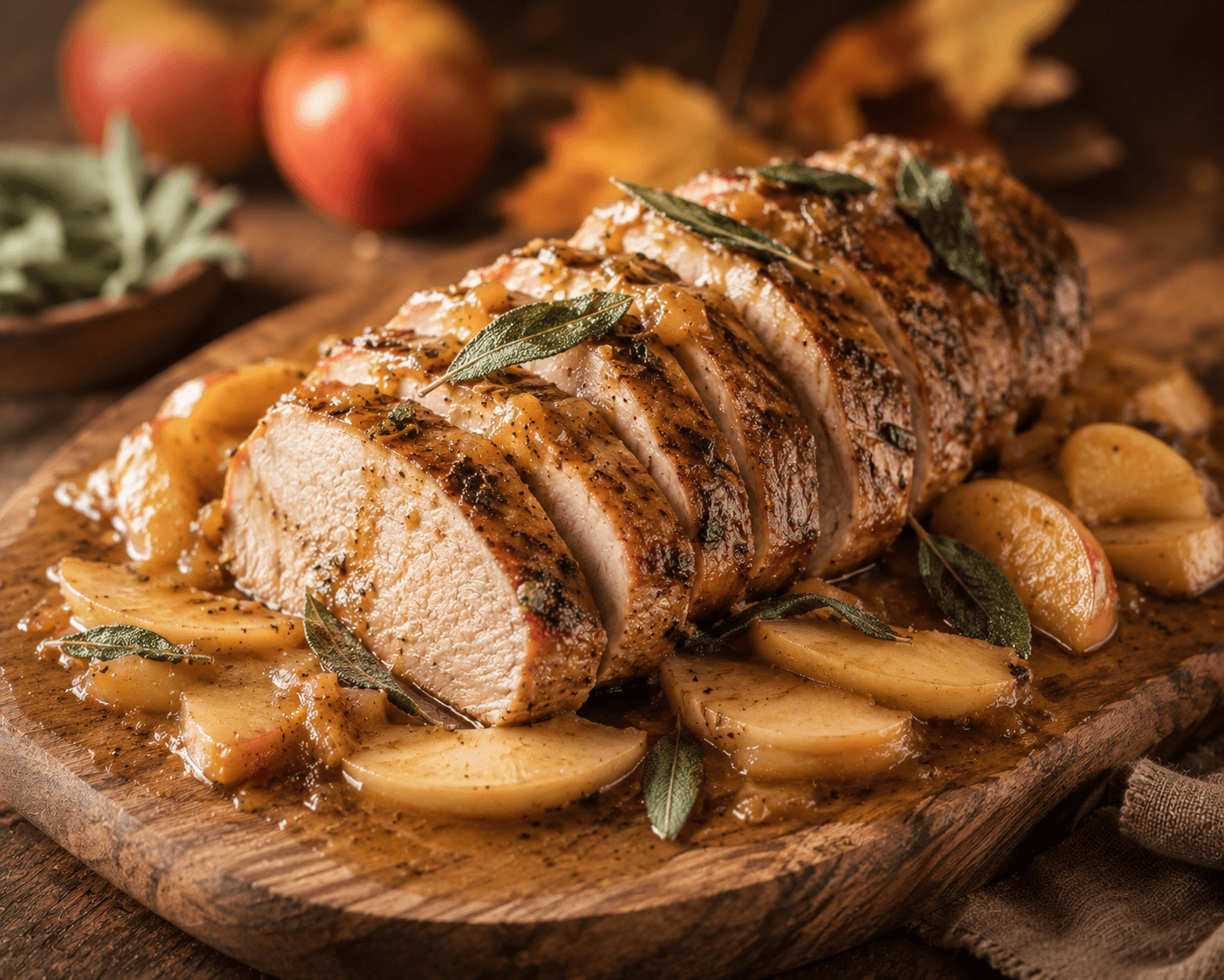 Apple cider pork loin with sliced apples and onions, fresh sage leaves fried in brown butter
