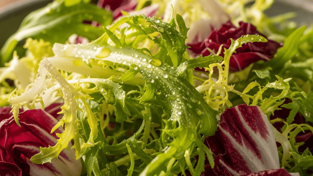 A bagged salad kit next to a fresh head of romaine and a bunch of spinach