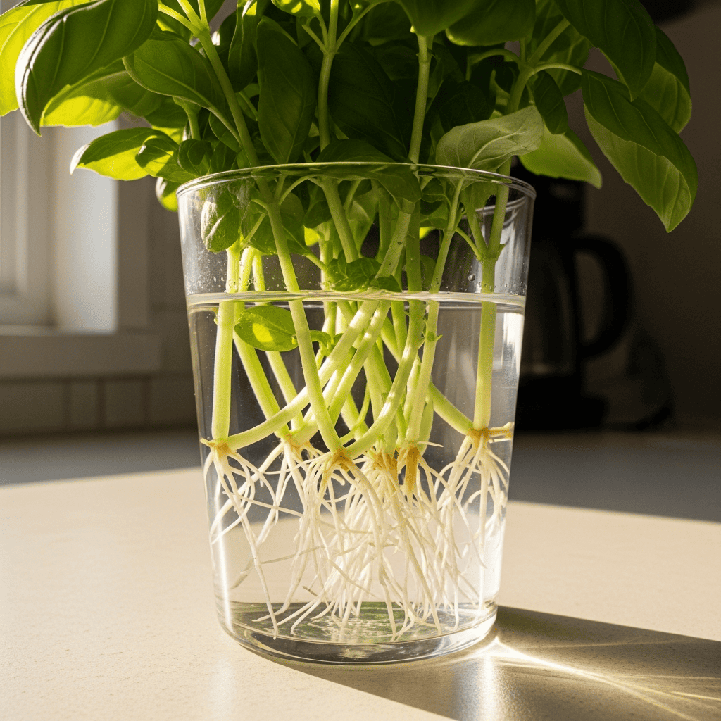 Basil cutting in water with white roots forming at the node