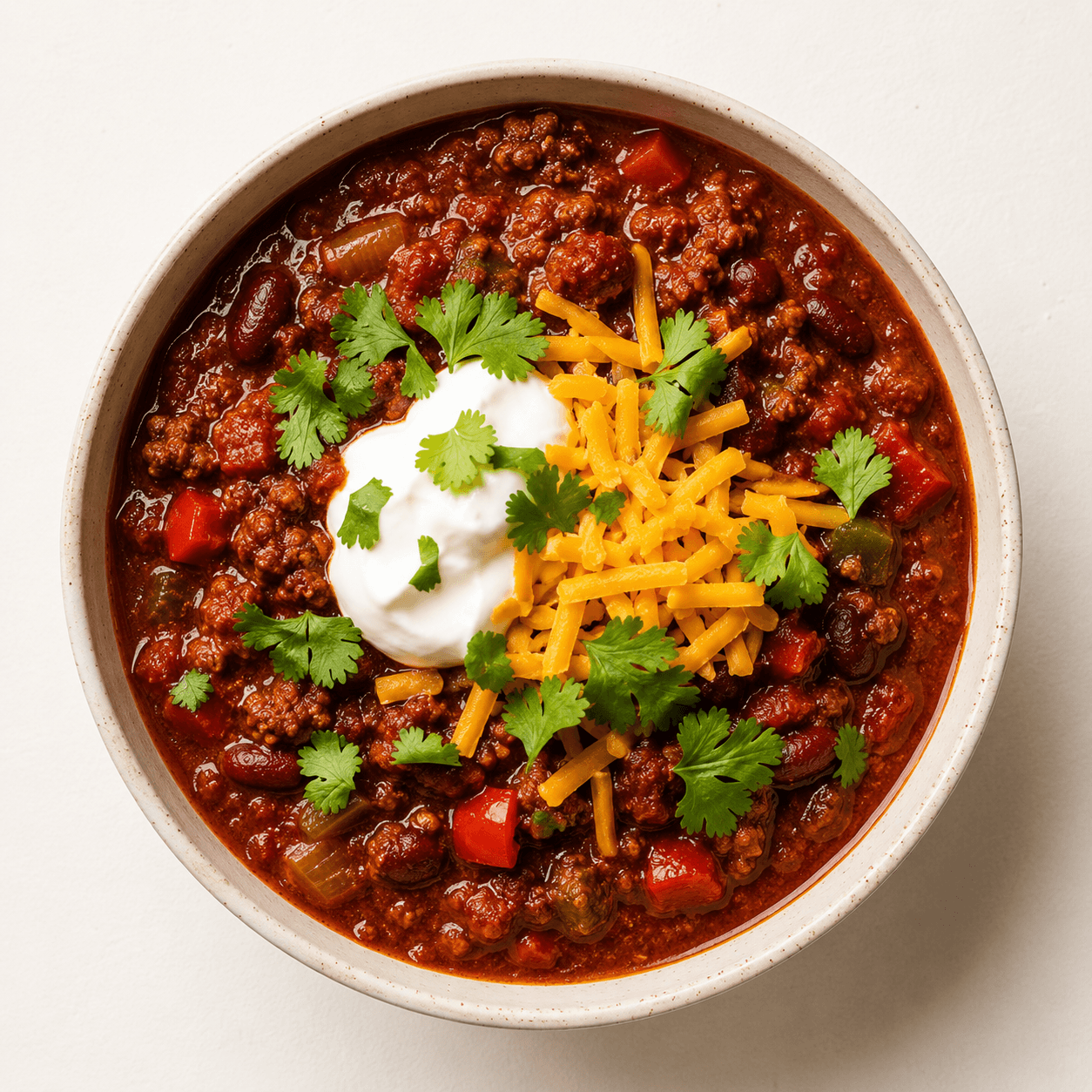Beef and vegetable chili with kidney beans, topped with cilantro, sour cream, and shredded cheddar