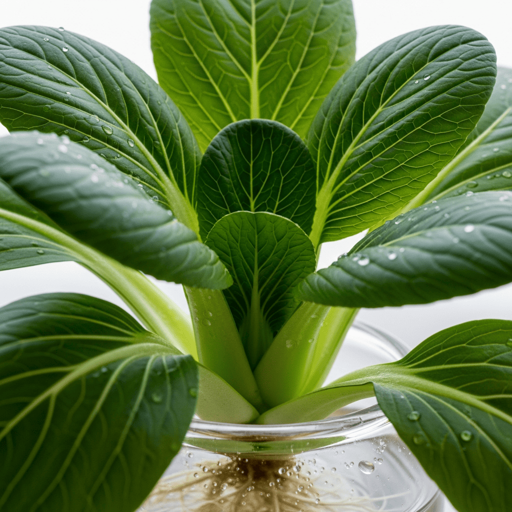 Bok choy base regrowing in a jar or bowl of water, a vivid green starburst of leaves