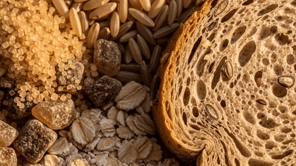 Brown sugar, brown bread, brown rice and oats arranged together on linen in warm natural light, wholesome pantry flat-lay